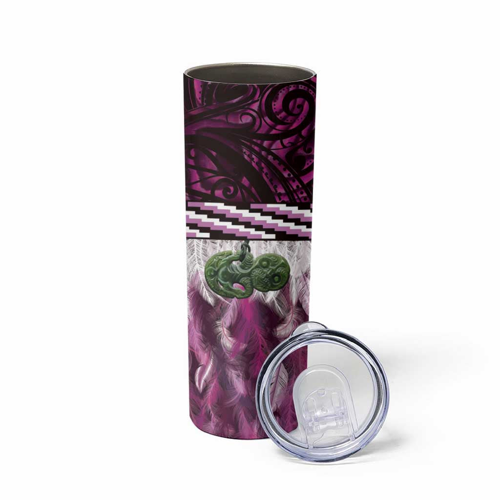 Pink Traditional Cloak Aotearoa Skinny Tumbler Maori Paua Shell Korowai Pattern