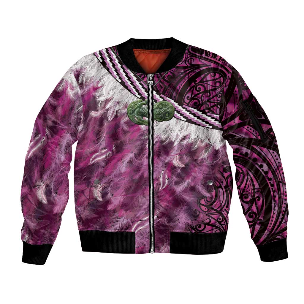 Pink Traditional Cloak Aotearoa Sleeve Zip Bomber Jacket Maori Paua Shell Korowai Pattern LT14 Unisex Pink - Polynesian Pride