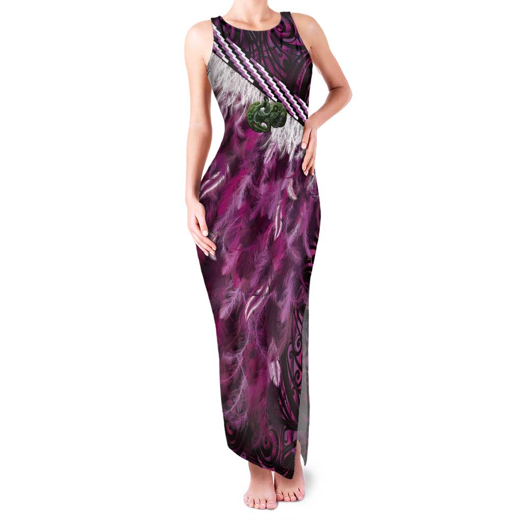 Pink Traditional Cloak Aotearoa Tank Maxi Dress Maori Paua Shell Korowai Pattern
