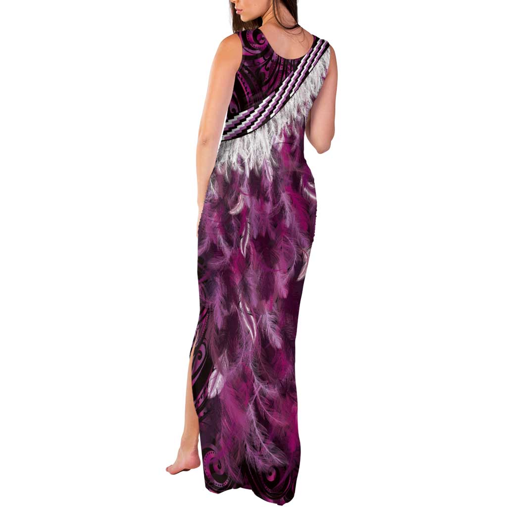 Pink Traditional Cloak Aotearoa Tank Maxi Dress Maori Paua Shell Korowai Pattern