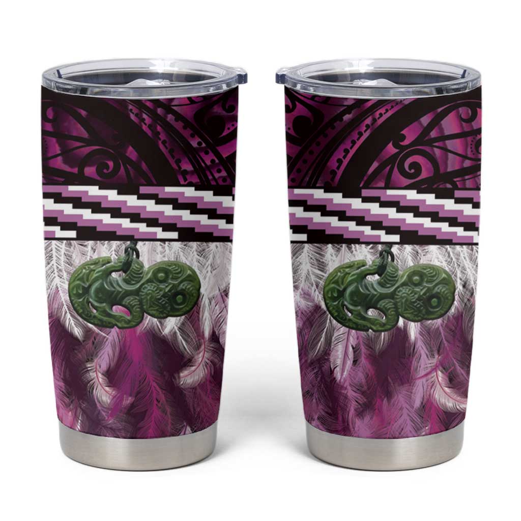 Pink Traditional Cloak Aotearoa Tumbler Cup Maori Paua Shell Korowai Pattern LT14 Pink - Polynesian Pride