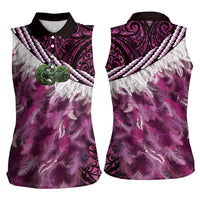 Pink Traditional Cloak Aotearoa Women Sleeveless Polo Shirt Maori Paua Shell Korowai Pattern