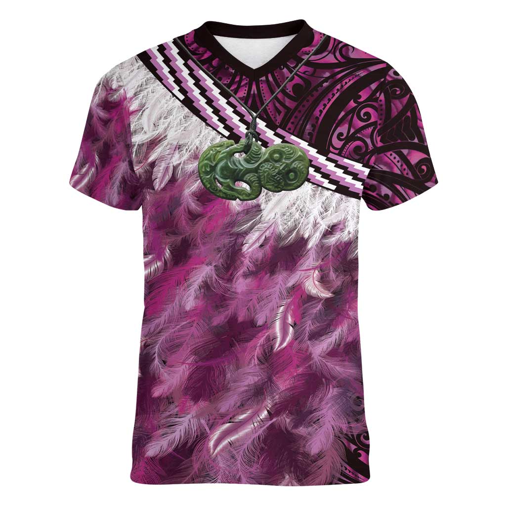 Pink Traditional Cloak Aotearoa Women V-Neck T-Shirt Maori Paua Shell Korowai Pattern