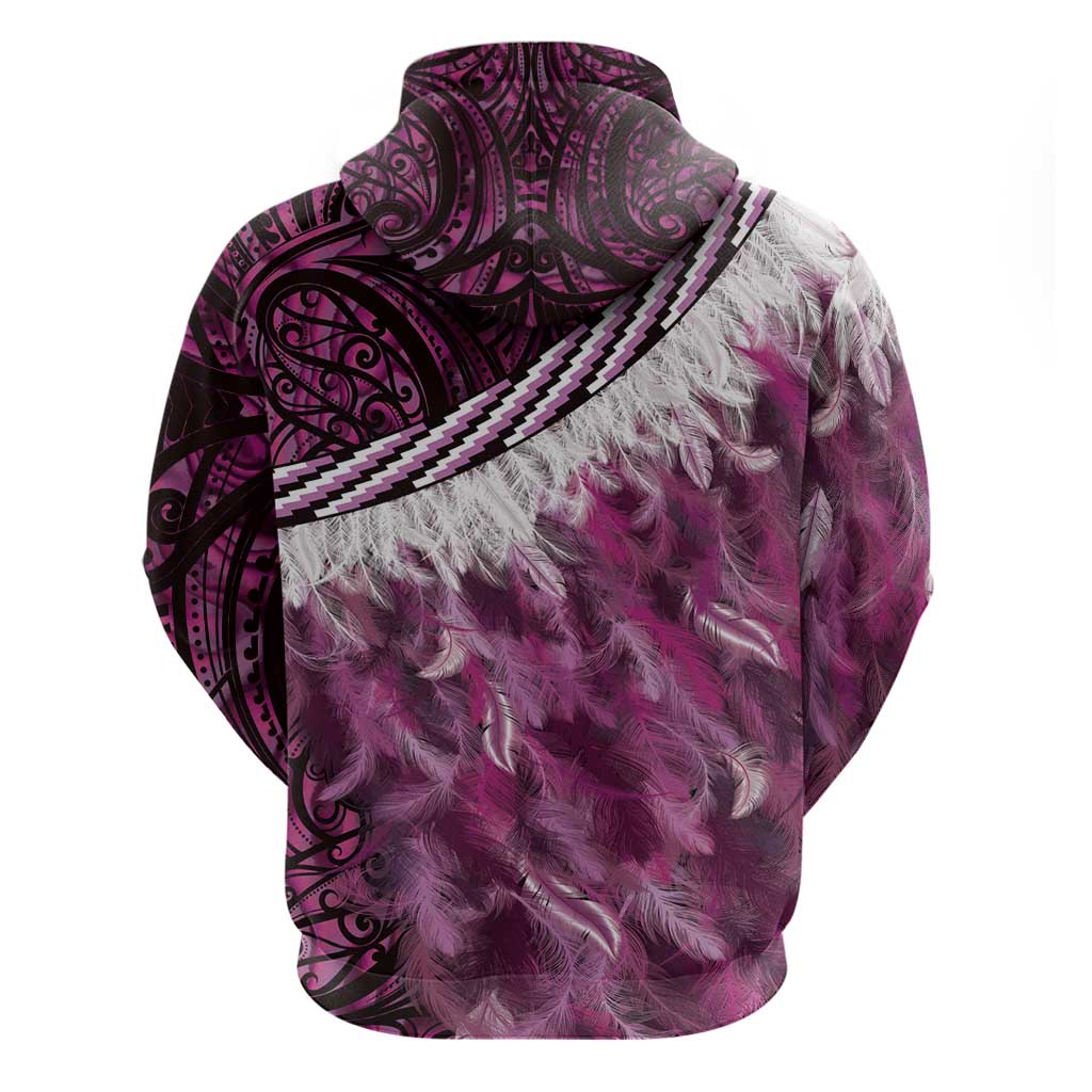 Pink Traditional Cloak Aotearoa Zip Hoodie Maori Paua Shell Korowai Pattern