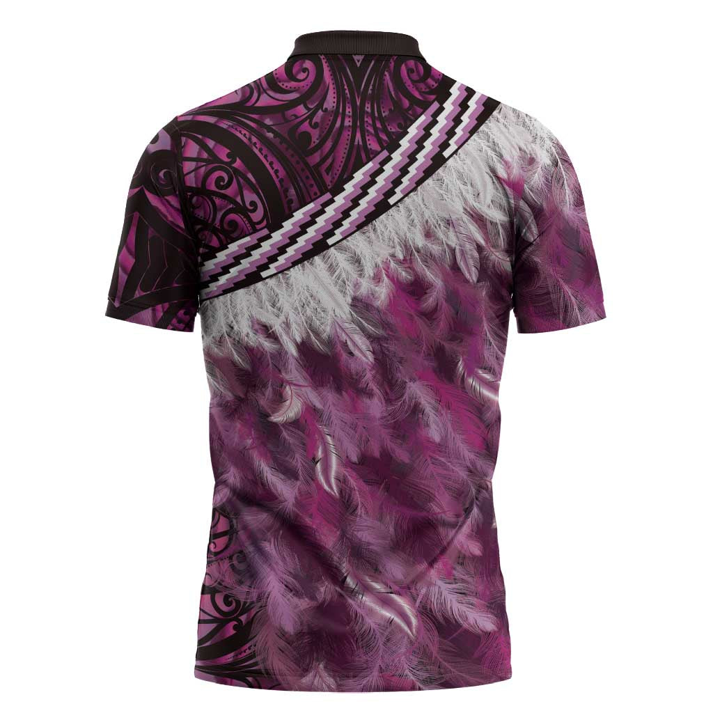 Pink Traditional Cloak Aotearoa Zipper Polo Shirt Maori Paua Shell Korowai Pattern LT14 - Polynesian Pride