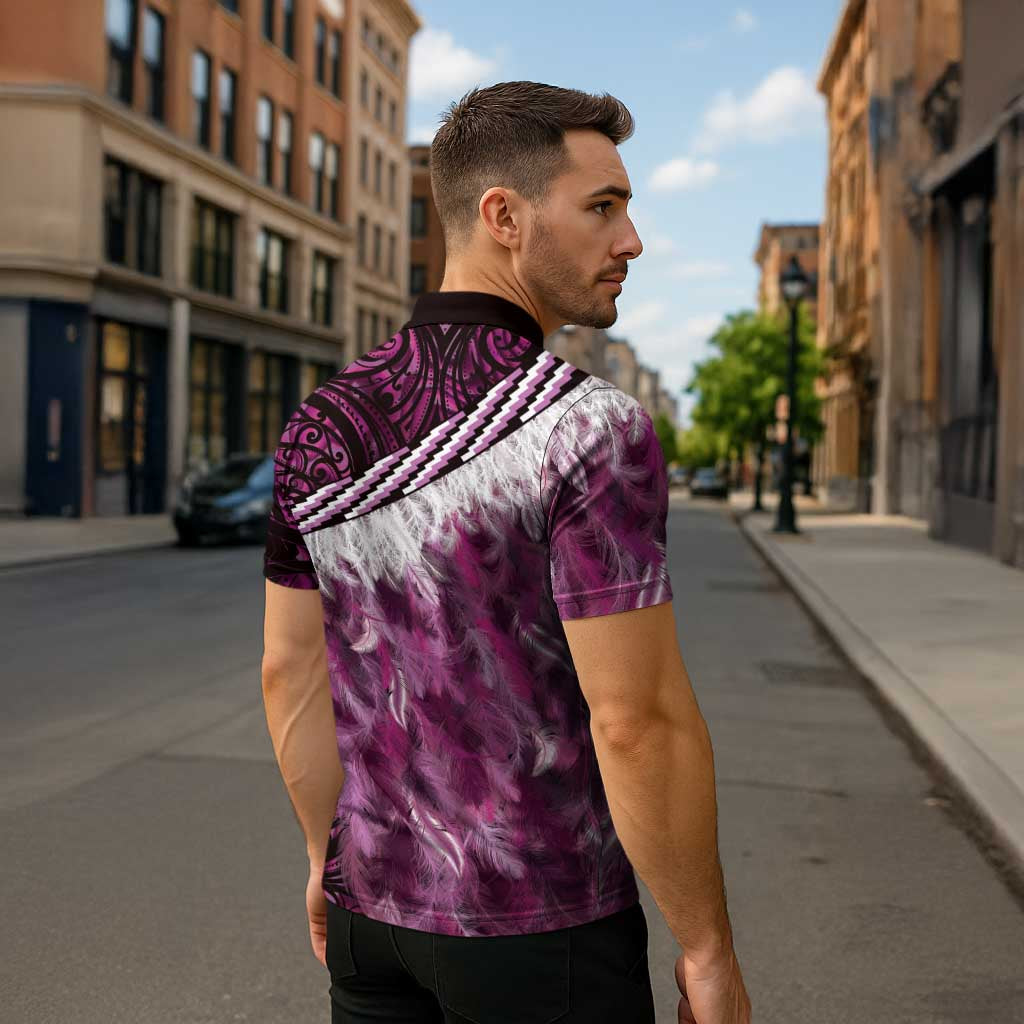 Pink Traditional Cloak Aotearoa Zipper Polo Shirt Maori Paua Shell Korowai Pattern LT14 - Polynesian Pride