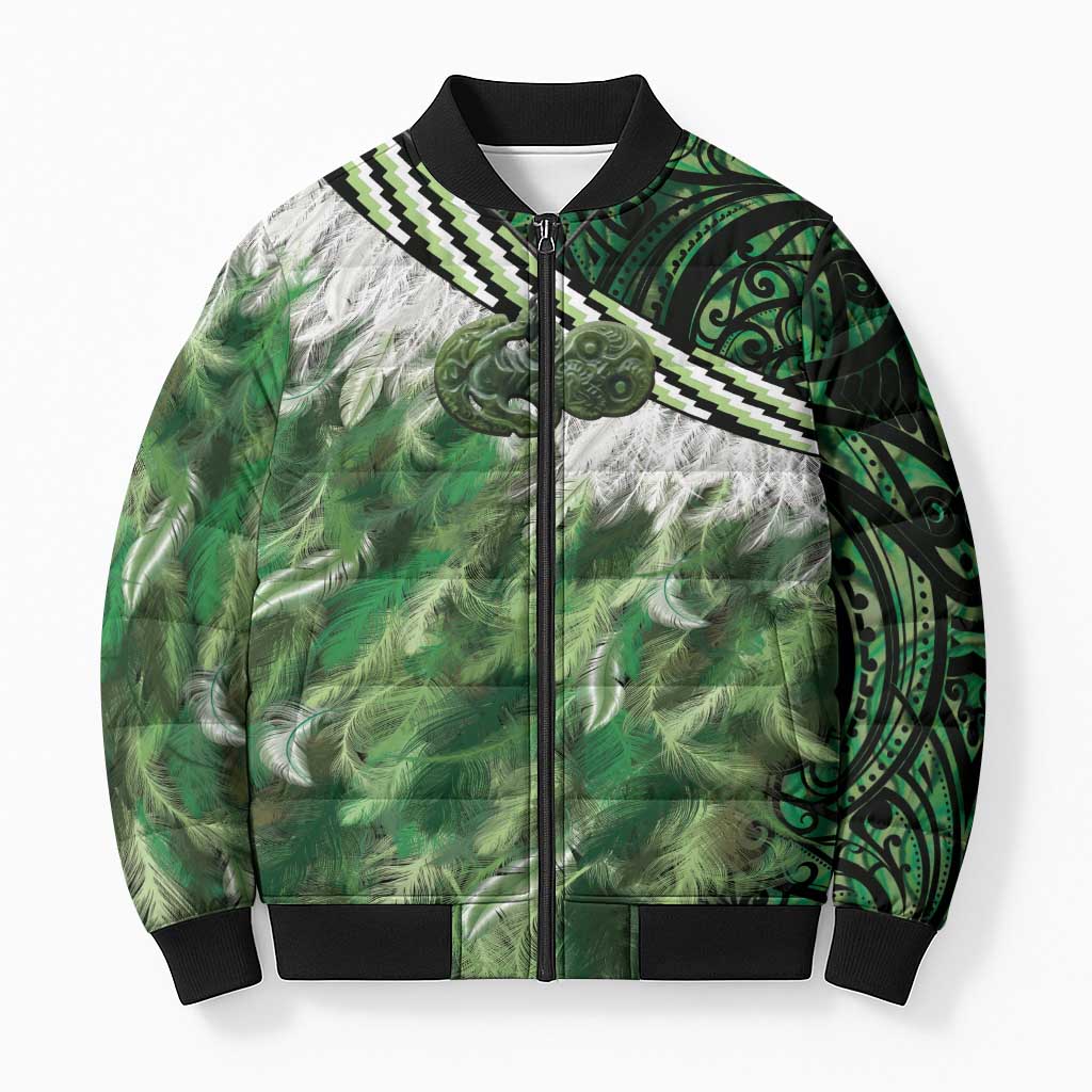 Green Traditional Cloak Aotearoa Bomber Puffer Jacket Maori Paua Shell Korowai Pattern - Polynesian Pride