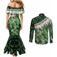 Green Traditional Cloak Aotearoa Couples Matching Mermaid Dress and Long Sleeve Button Shirt Maori Paua Shell Korowai Pattern