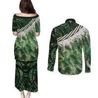 Green Traditional Cloak Aotearoa Couples Matching Puletasi and Long Sleeve Button Shirt Maori Paua Shell Korowai Pattern