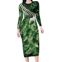 Green Traditional Cloak Aotearoa Family Matching Long Sleeve Bodycon Dress and Hawaiian Shirt Maori Paua Shell Korowai Pattern LT14 Mom's Dress Green - Polynesian Pride