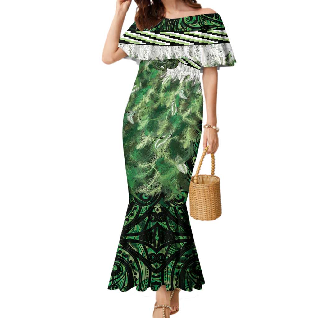 Green Traditional Cloak Aotearoa Family Matching Mermaid Dress and Hawaiian Shirt Maori Paua Shell Korowai Pattern LT14 Mom's Dress Green - Polynesian Pride