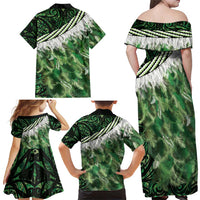 Green Traditional Cloak Aotearoa Family Matching Off Shoulder Maxi Dress and Hawaiian Shirt Maori Paua Shell Korowai Pattern LT14 - Polynesian Pride