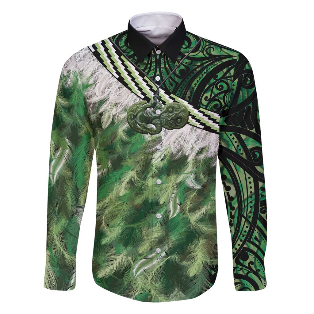 Green Traditional Cloak Aotearoa Family Matching Off Shoulder Maxi Dress and Hawaiian Shirt Maori Paua Shell Korowai Pattern LT14 Dad's Shirt - Long Sleeve Green - Polynesian Pride