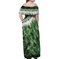 Green Traditional Cloak Aotearoa Family Matching Off Shoulder Maxi Dress and Hawaiian Shirt Maori Paua Shell Korowai Pattern LT14 - Polynesian Pride