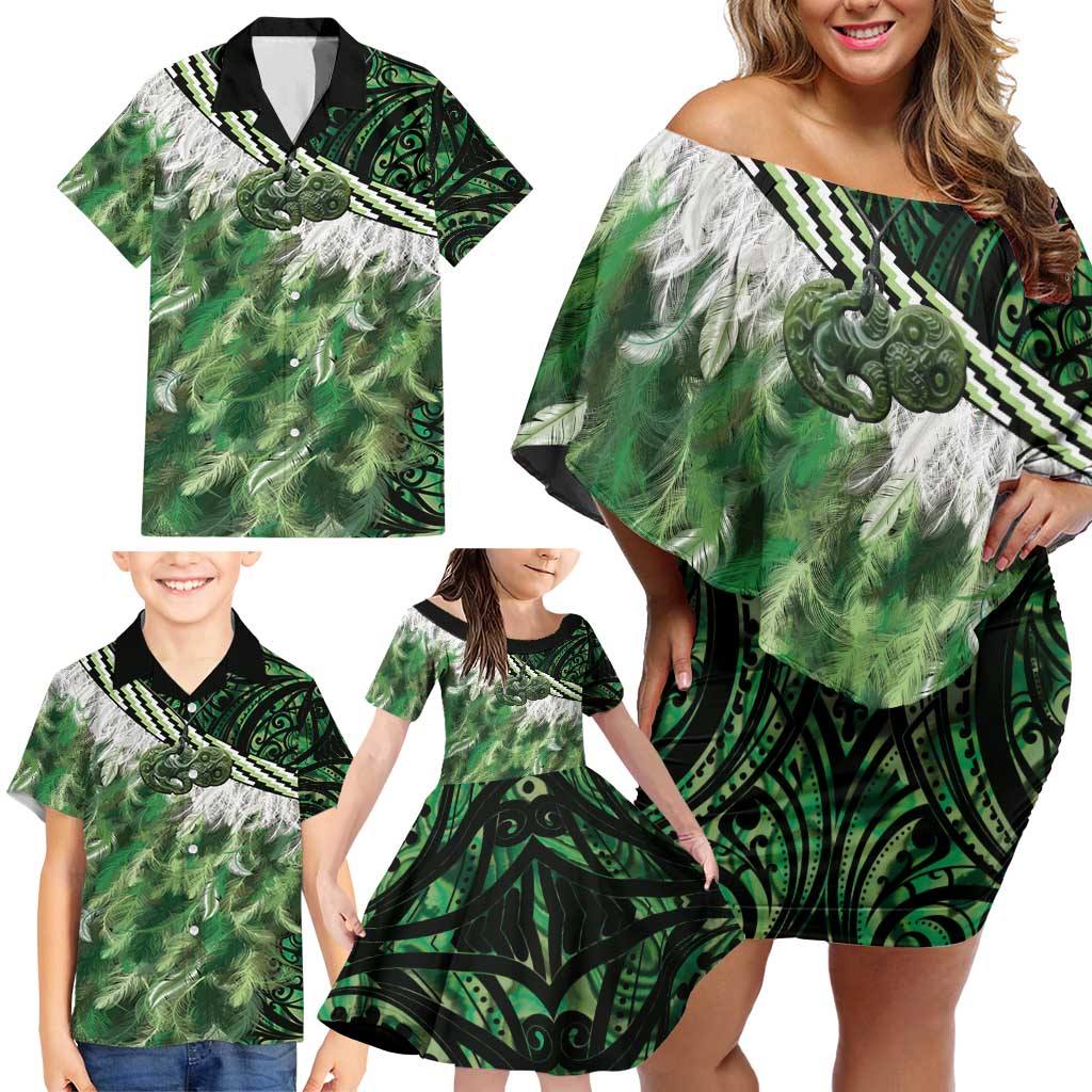 Green Traditional Cloak Aotearoa Family Matching Off Shoulder Short Dress and Hawaiian Shirt Maori Paua Shell Korowai Pattern LT14 - Polynesian Pride