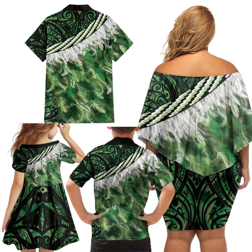 Green Traditional Cloak Aotearoa Family Matching Off Shoulder Short Dress and Hawaiian Shirt Maori Paua Shell Korowai Pattern LT14 - Polynesian Pride