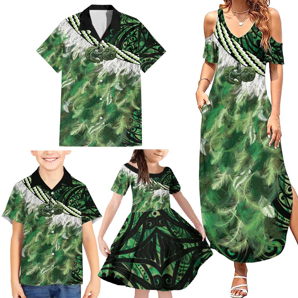 Green Traditional Cloak Aotearoa Family Matching Summer Maxi Dress and Hawaiian Shirt Maori Paua Shell Korowai Pattern LT14 - Polynesian Pride