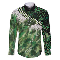Green Traditional Cloak Aotearoa Family Matching Tank Maxi Dress and Hawaiian Shirt Maori Paua Shell Korowai Pattern LT14 Dad's Shirt - Long Sleeve Green - Polynesian Pride