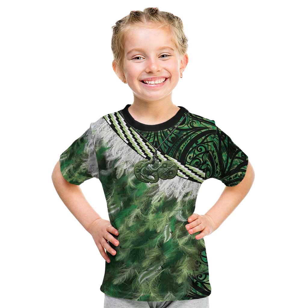 Green Traditional Cloak Aotearoa Kid T Shirt Maori Paua Shell Korowai Pattern