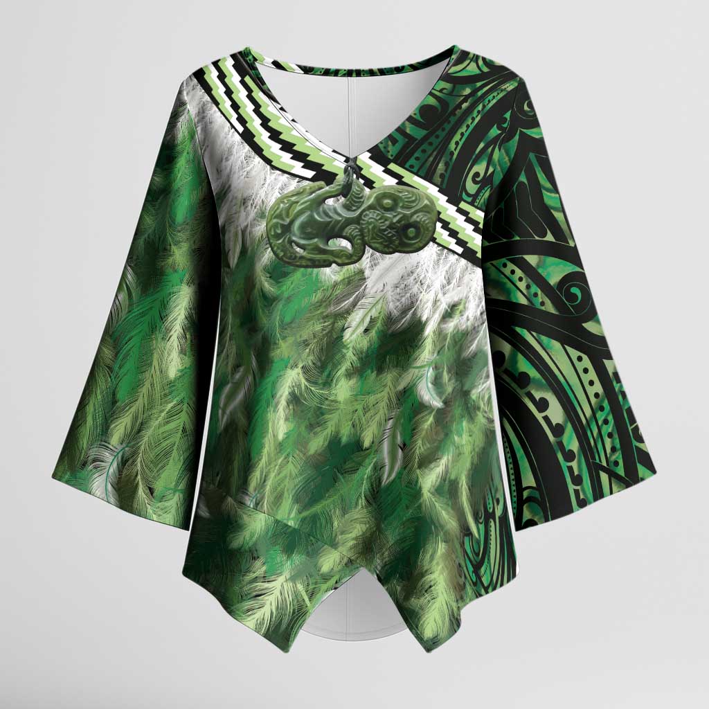 Green Traditional Cloak Aotearoa Kimono Sleeve Blouse Maori Paua Shell Korowai Pattern - Polynesian Pride