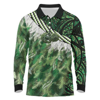 Green Traditional Cloak Aotearoa Long Sleeve Polo Shirt Maori Paua Shell Korowai Pattern