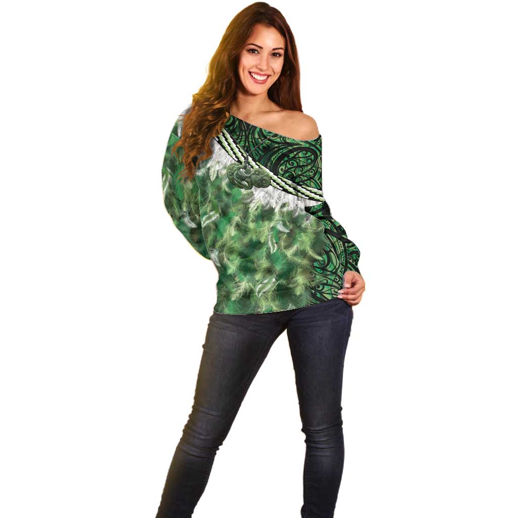 Green Traditional Cloak Aotearoa Off Shoulder Sweater Maori Paua Shell Korowai Pattern
