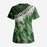 Green Traditional Cloak Aotearoa Scrub Top Maori Paua Shell Korowai Pattern - Polynesian Pride