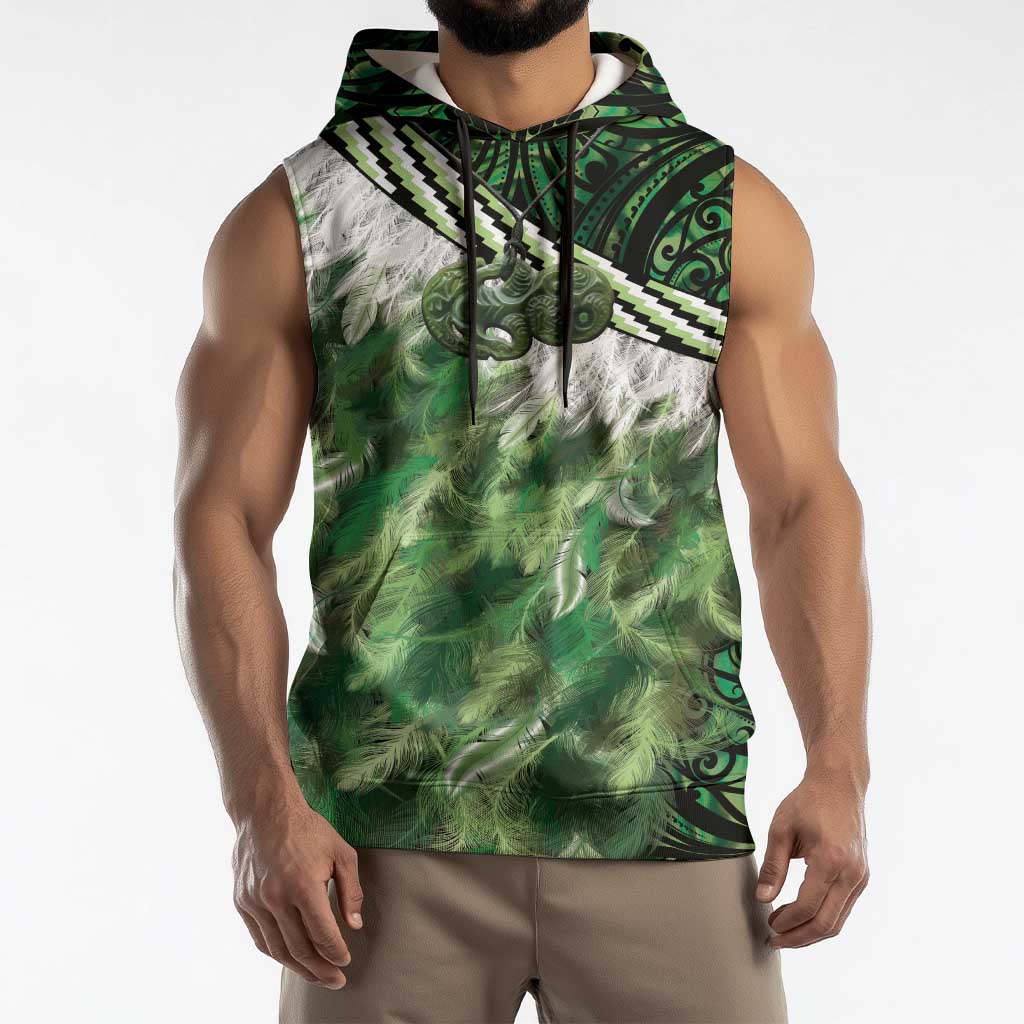 Green Traditional Cloak Aotearoa Sleeveless Hoodie Maori Paua Shell Korowai Pattern - Polynesian Pride