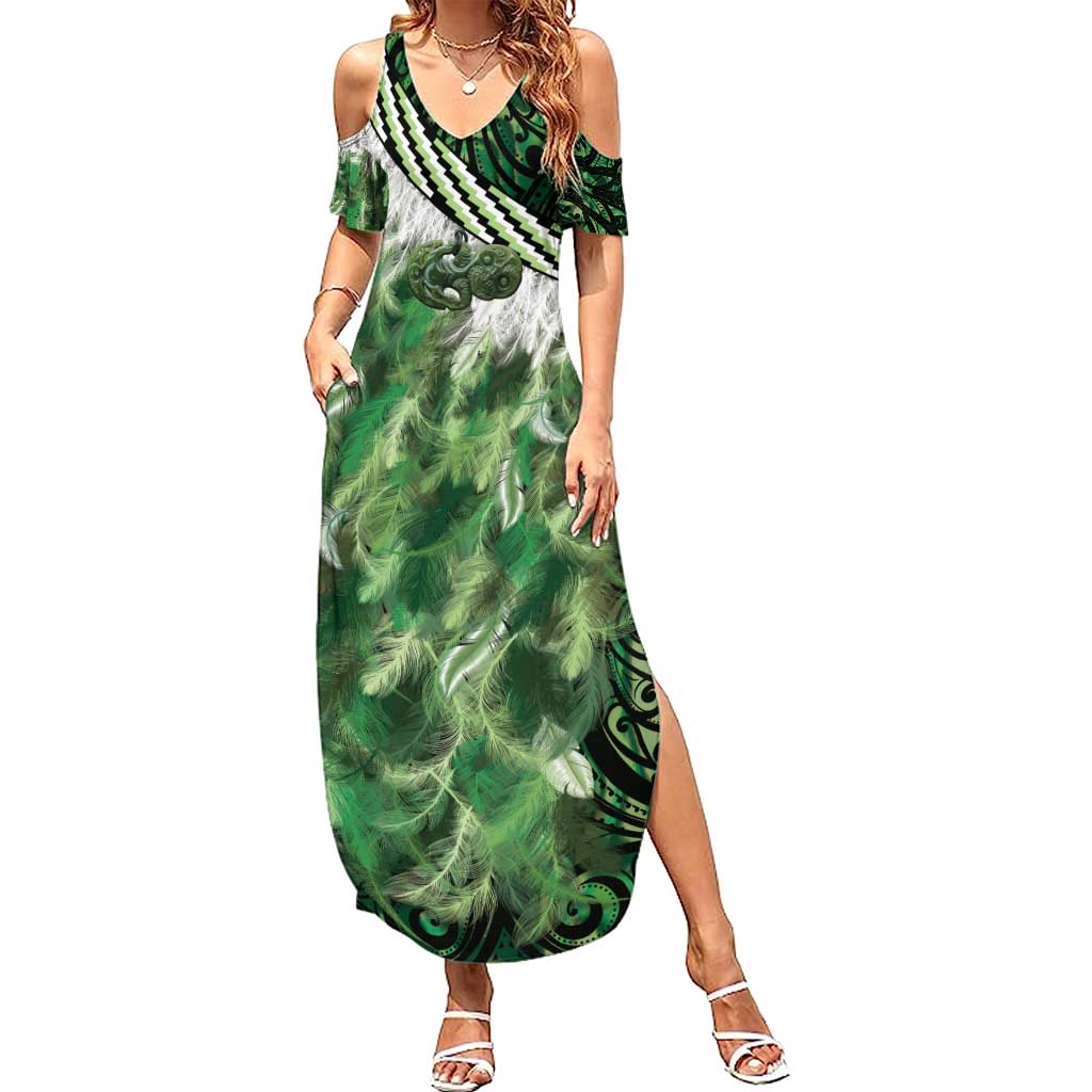 Green Traditional Cloak Aotearoa Summer Maxi Dress Maori Paua Shell Korowai Pattern