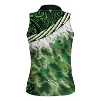 Green Traditional Cloak Aotearoa Women Sleeveless Polo Shirt Maori Paua Shell Korowai Pattern