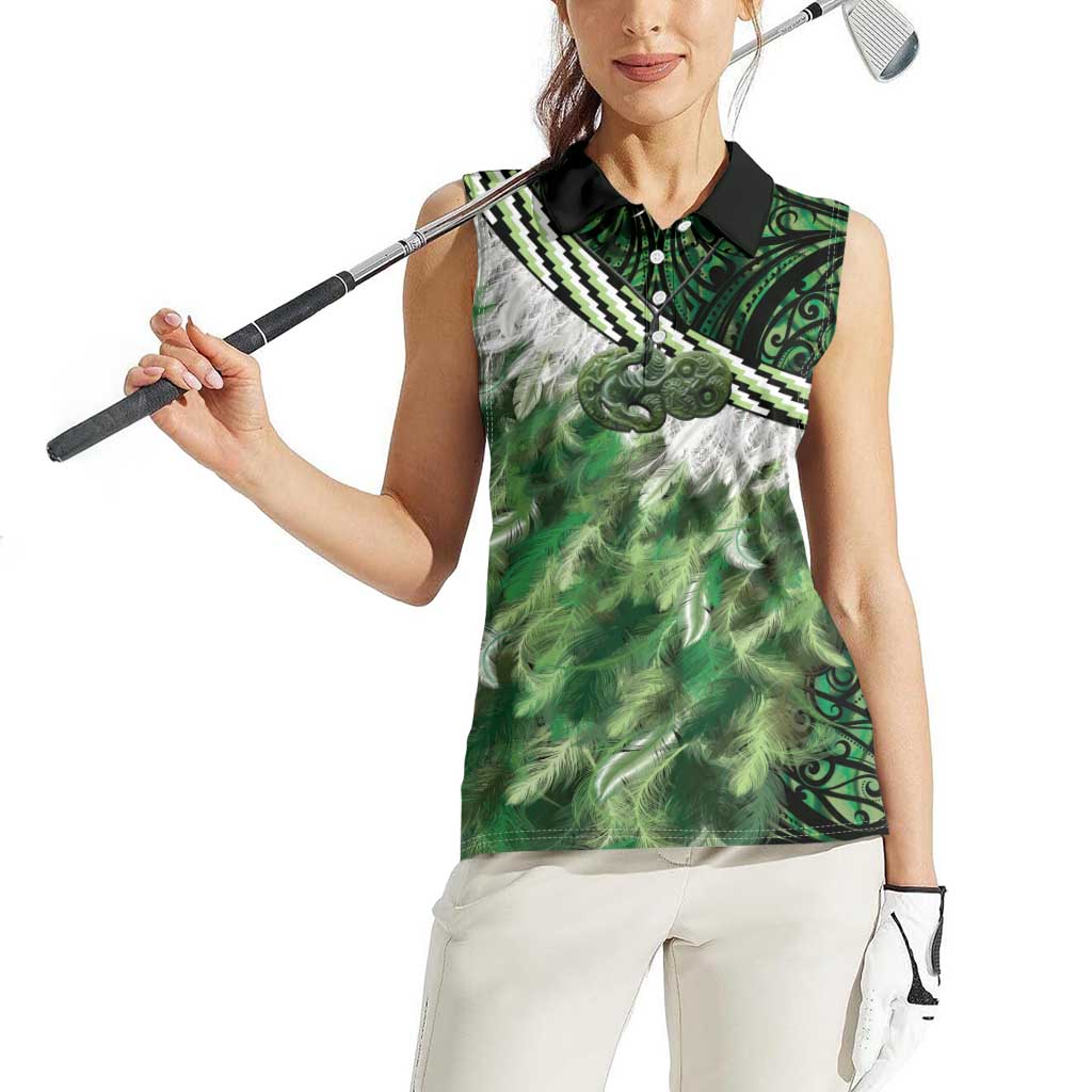 Green Traditional Cloak Aotearoa Women Sleeveless Polo Shirt Maori Paua Shell Korowai Pattern