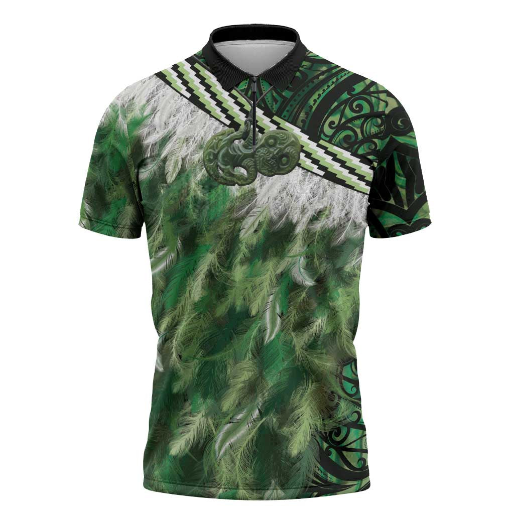 Green Traditional Cloak Aotearoa Zipper Polo Shirt Maori Paua Shell Korowai Pattern - Polynesian Pride