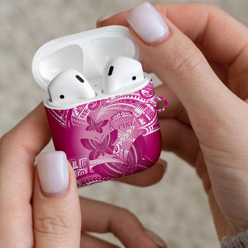 Polynesia Breast Cancer Awareness AirPods Case Think Pink Ribbon Polynesian Butterflies