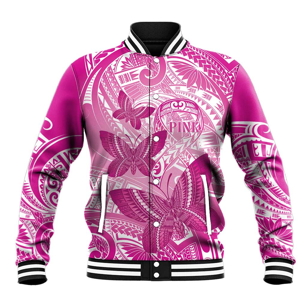 Personalised Polynesia Breast Cancer Awareness Baseball Jacket Think Pink Ribbon Polynesian Butterflies