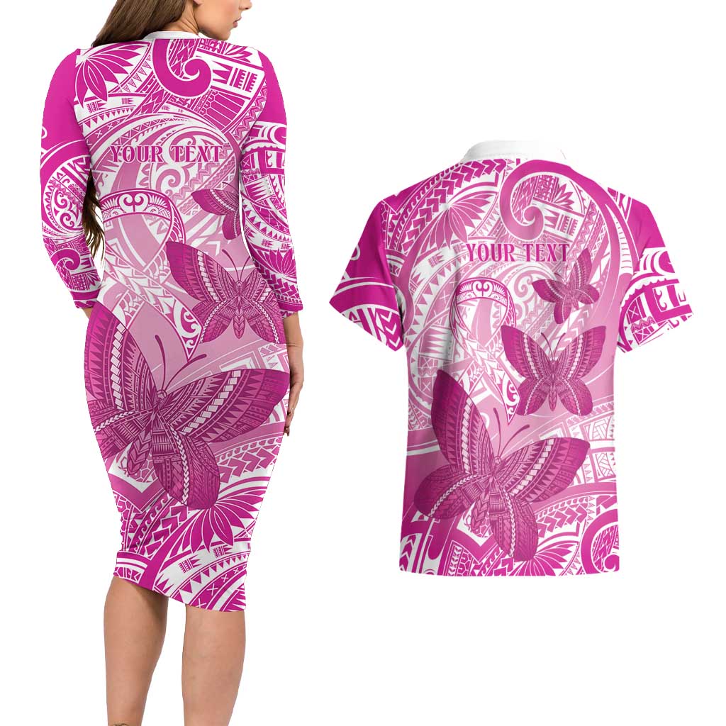 Personalised Polynesia Breast Cancer Awareness Couples Matching Long Sleeve Bodycon Dress and Hawaiian Shirt Think Pink Ribbon Polynesian Butterflies LT14 - Polynesian Pride