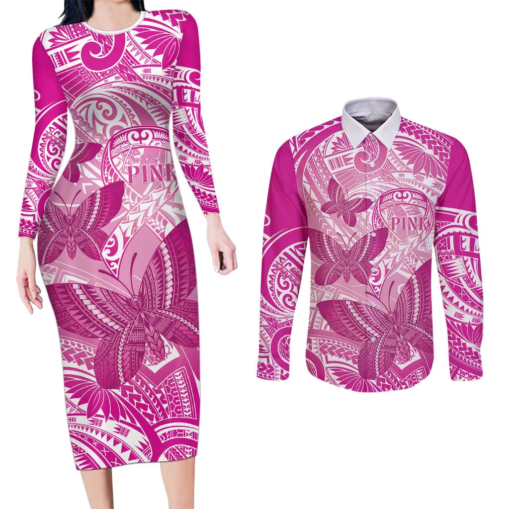 Personalised Polynesia Breast Cancer Awareness Couples Matching Long Sleeve Bodycon Dress and Long Sleeve Button Shirt Think Pink Ribbon Polynesian Butterflies