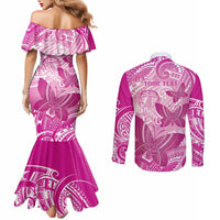 Personalised Polynesia Breast Cancer Awareness Couples Matching Mermaid Dress and Long Sleeve Button Shirt Think Pink Ribbon Polynesian Butterflies