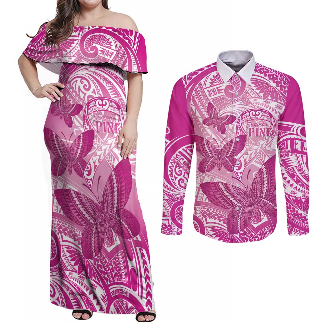 Personalised Polynesia Breast Cancer Awareness Couples Matching Off Shoulder Maxi Dress and Long Sleeve Button Shirt Think Pink Ribbon Polynesian Butterflies