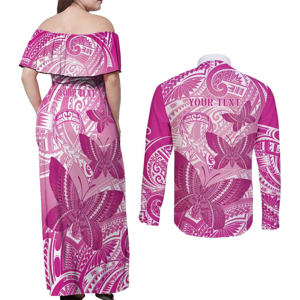 Personalised Polynesia Breast Cancer Awareness Couples Matching Off Shoulder Maxi Dress and Long Sleeve Button Shirt Think Pink Ribbon Polynesian Butterflies