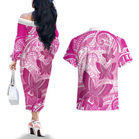 Personalised Polynesia Breast Cancer Awareness Couples Matching Off The Shoulder Long Sleeve Dress and Hawaiian Shirt Think Pink Ribbon Polynesian Butterflies LT14 - Polynesian Pride