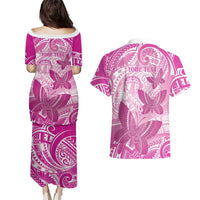 Personalised Polynesia Breast Cancer Awareness Couples Matching Puletasi and Hawaiian Shirt Think Pink Ribbon Polynesian Butterflies