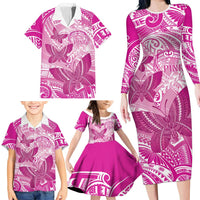 Personalised Polynesia Breast Cancer Awareness Family Matching Long Sleeve Bodycon Dress and Hawaiian Shirt Think Pink Ribbon Polynesian Butterflies LT14 - Polynesian Pride