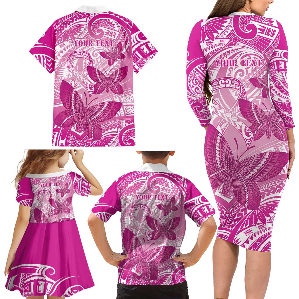 Personalised Polynesia Breast Cancer Awareness Family Matching Long Sleeve Bodycon Dress and Hawaiian Shirt Think Pink Ribbon Polynesian Butterflies LT14 - Polynesian Pride