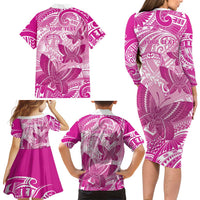 Personalised Polynesia Breast Cancer Awareness Family Matching Long Sleeve Bodycon Dress and Hawaiian Shirt Think Pink Ribbon Polynesian Butterflies LT14 - Polynesian Pride