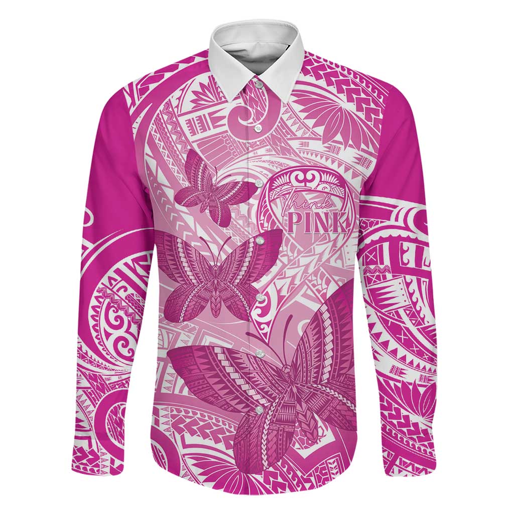 Personalised Polynesia Breast Cancer Awareness Family Matching Long Sleeve Bodycon Dress and Hawaiian Shirt Think Pink Ribbon Polynesian Butterflies LT14 Dad's Shirt - Long Sleeve Pink - Polynesian Pride