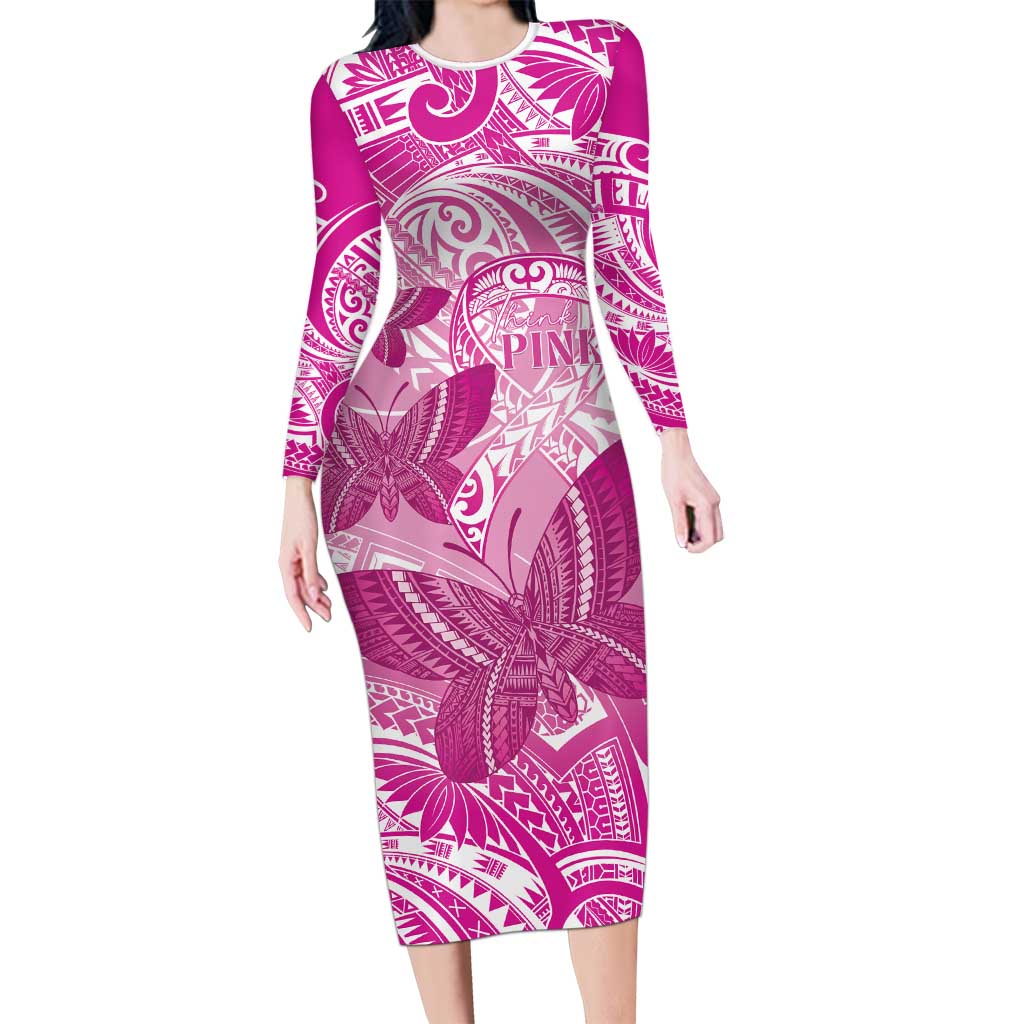 Personalised Polynesia Breast Cancer Awareness Family Matching Long Sleeve Bodycon Dress and Hawaiian Shirt Think Pink Ribbon Polynesian Butterflies LT14 Mom's Dress Pink - Polynesian Pride