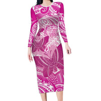 Personalised Polynesia Breast Cancer Awareness Family Matching Long Sleeve Bodycon Dress and Hawaiian Shirt Think Pink Ribbon Polynesian Butterflies LT14 Mom's Dress Pink - Polynesian Pride