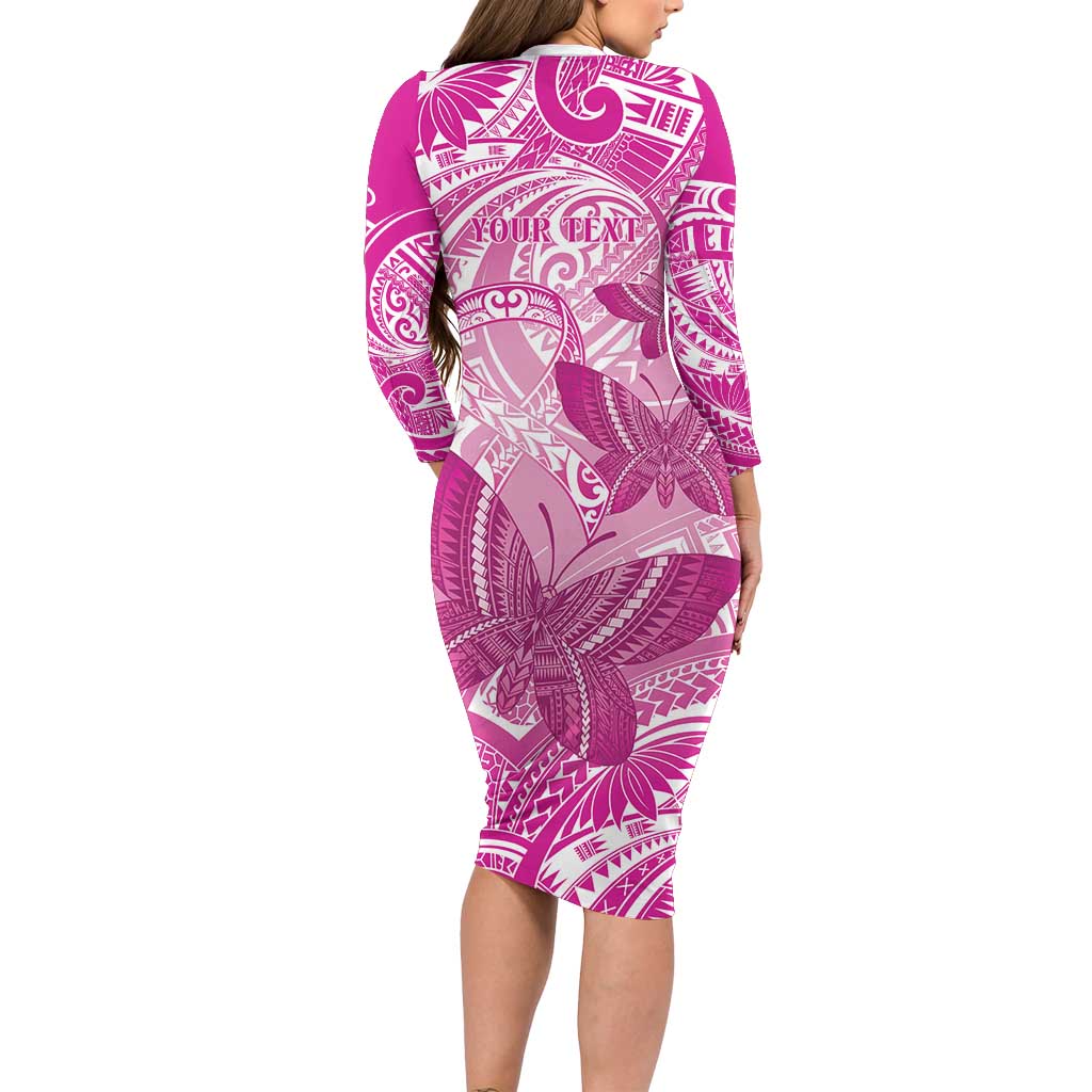 Personalised Polynesia Breast Cancer Awareness Family Matching Long Sleeve Bodycon Dress and Hawaiian Shirt Think Pink Ribbon Polynesian Butterflies LT14 - Polynesian Pride