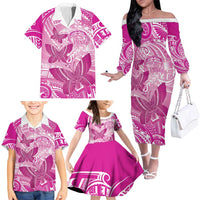 Personalised Polynesia Breast Cancer Awareness Family Matching Off The Shoulder Long Sleeve Dress and Hawaiian Shirt Think Pink Ribbon Polynesian Butterflies LT14 - Polynesian Pride