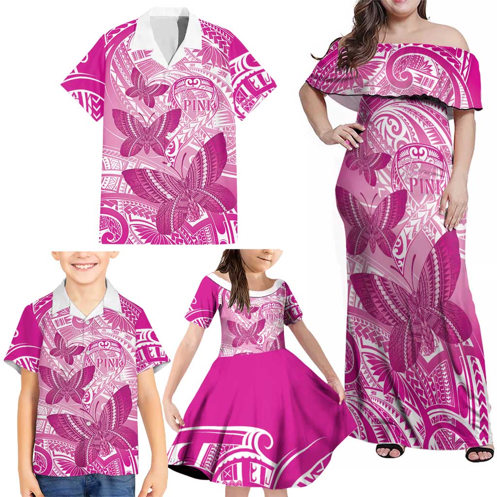 Personalised Polynesia Breast Cancer Awareness Family Matching Off Shoulder Maxi Dress and Hawaiian Shirt Think Pink Ribbon Polynesian Butterflies